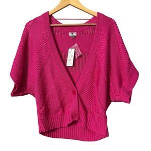 Worthington cropped short sleeve cardigan button-front closure vibrant pink dolm